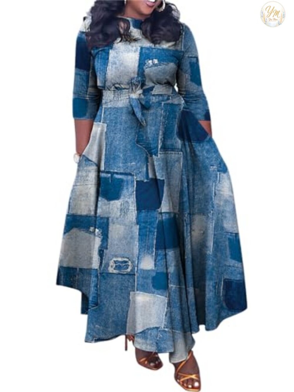 Women's Plus Size African Print Maxi Dress 3/4 Sleeve Flowy Ruffle Long Dress